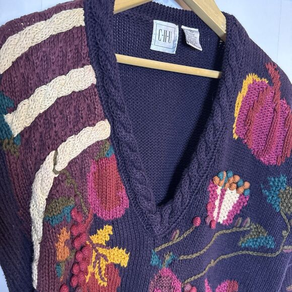 VTG‎ CHU Hand Knit Floral Womens Medium Sweater Grandmacore Garden Fall Artsy - Picture 4 of 10